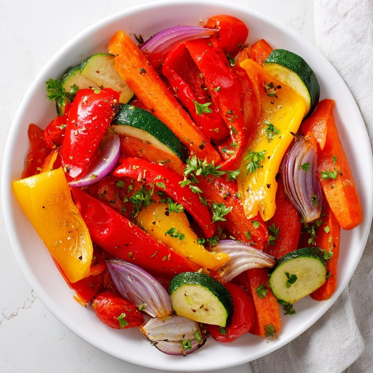 Golden-brown roasted veggies, a medley of colorful bell peppers, carrots, and tomatoes; a healthy vegan meal.