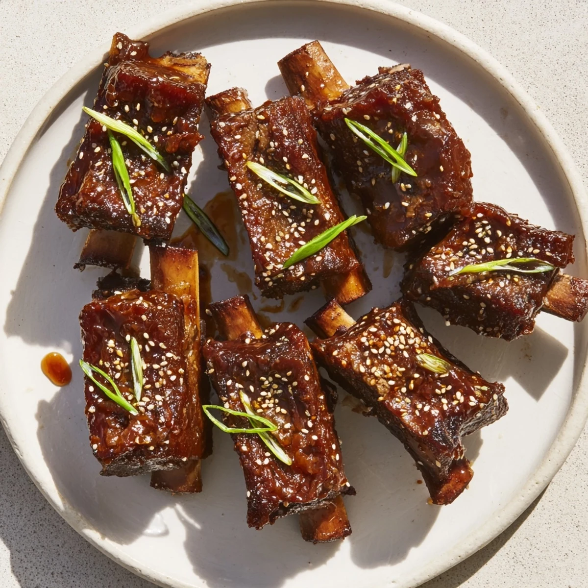 Succulent sticky beef ribs, glistening with a sweet sauce, ready to be pulled apart and enjoyed.