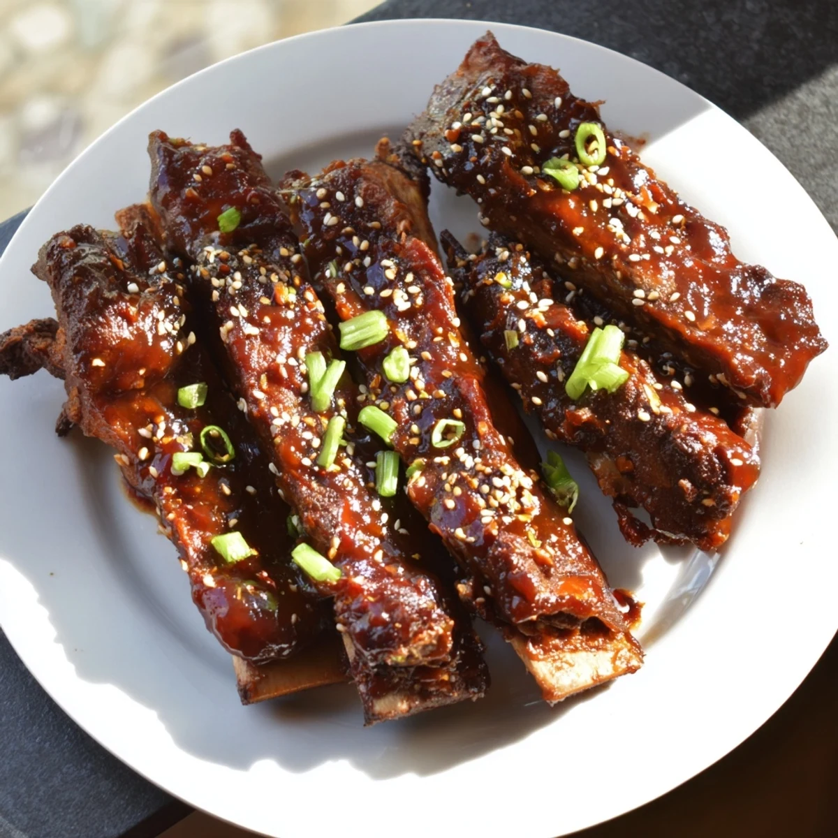 Slow-cooked sticky beef ribs, tender and flavorful, served with sesame seeds and fresh green onions.