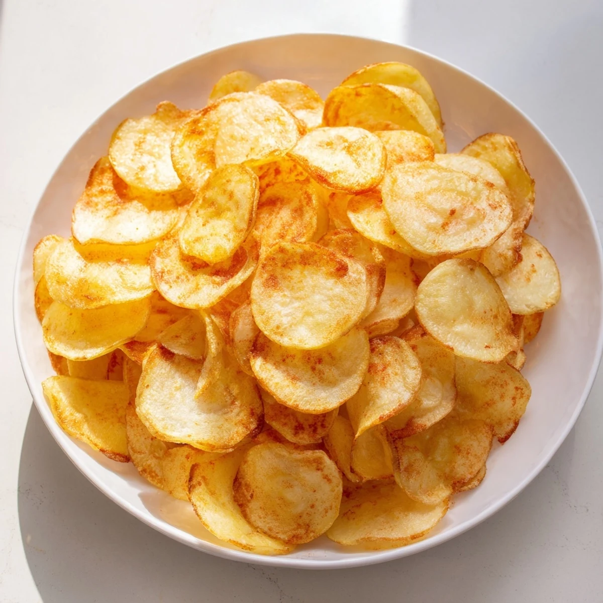 Golden Chips, perfectly crisp and golden, ready for snacking with a sprinkle of sea salt.