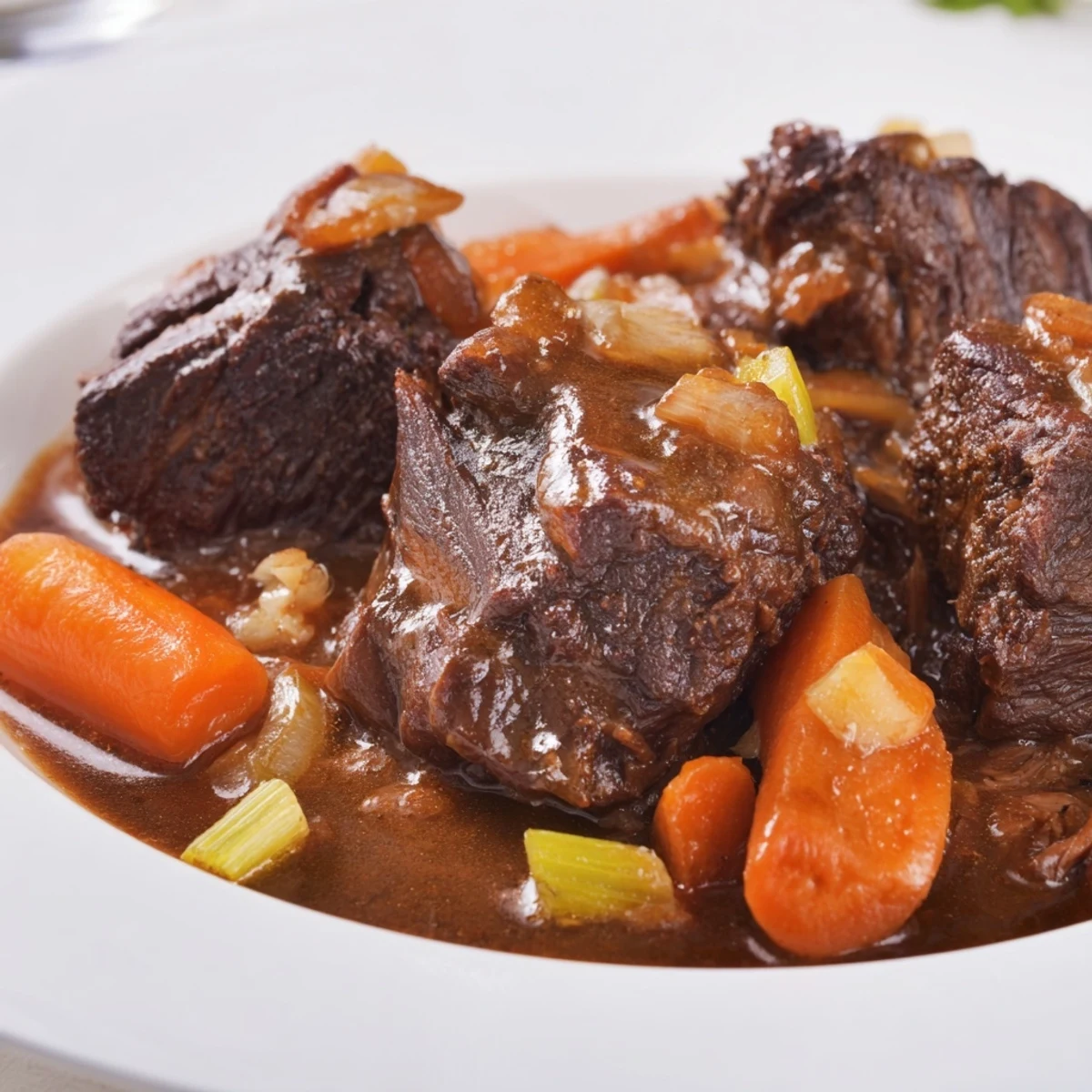 Fork-tender braised beef glistening in a rich, dark sauce, perfect for a cozy dinner.