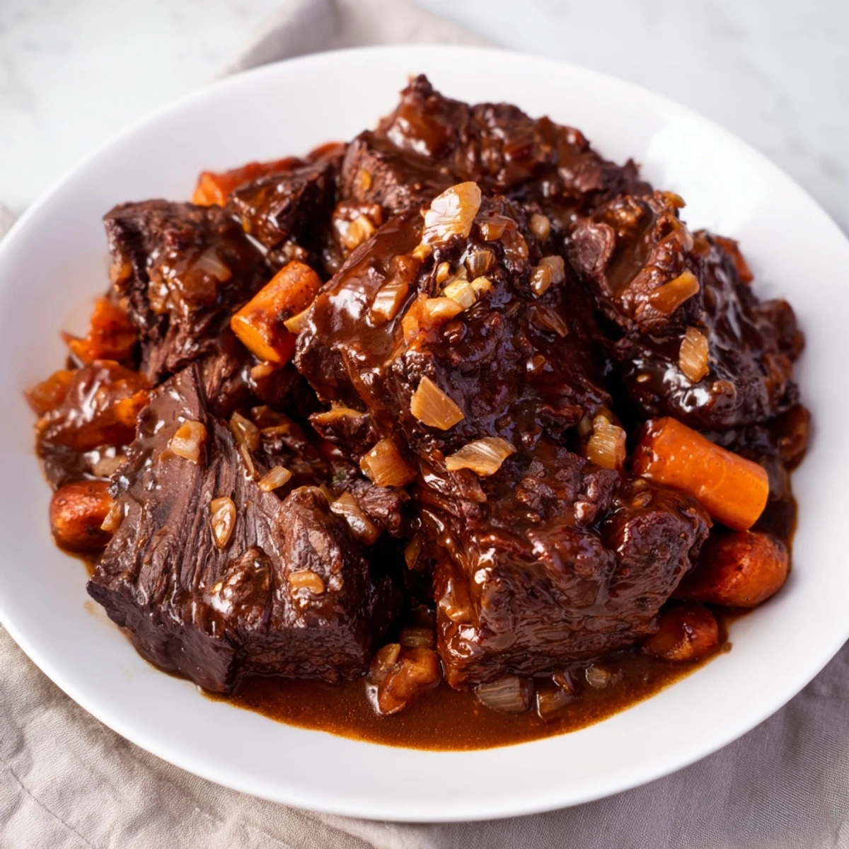 A steaming Dutch oven full of braised beef, surrounded by tender carrots, ready to serve.