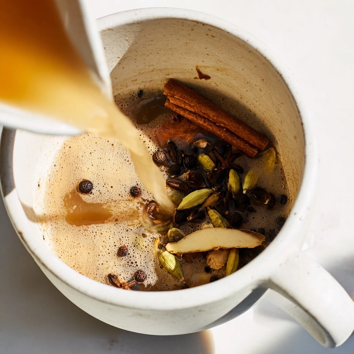 Golden, fragrant spiced tea, served warm in a clear glass, inviting you with its flavors.