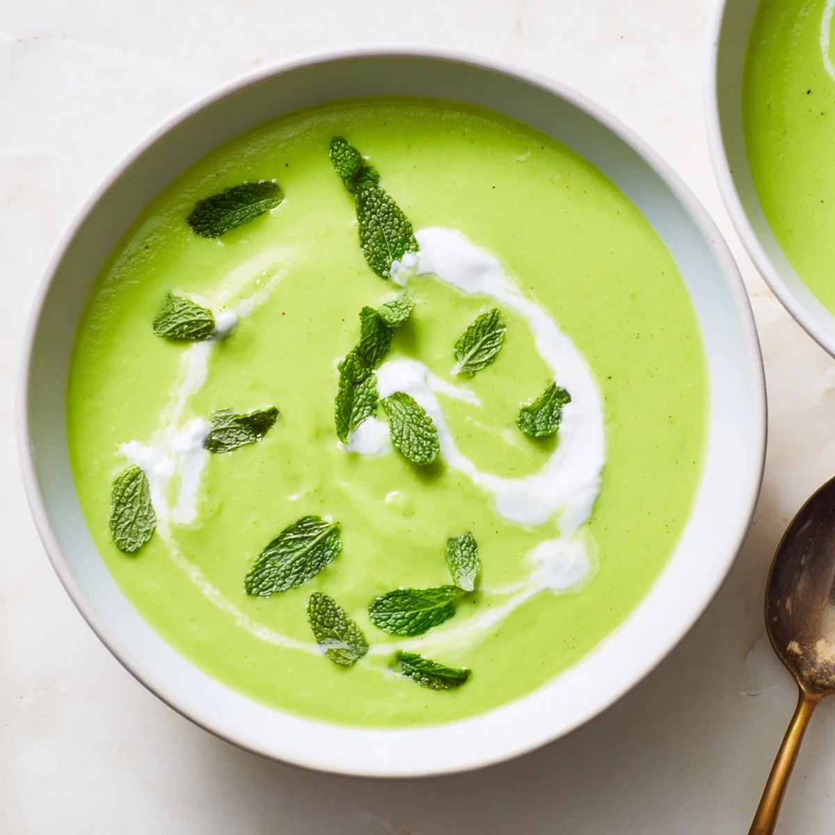 Close-up of freshly made Creamy Pea Soup, steaming and ready to eat with a swirl of cream.
