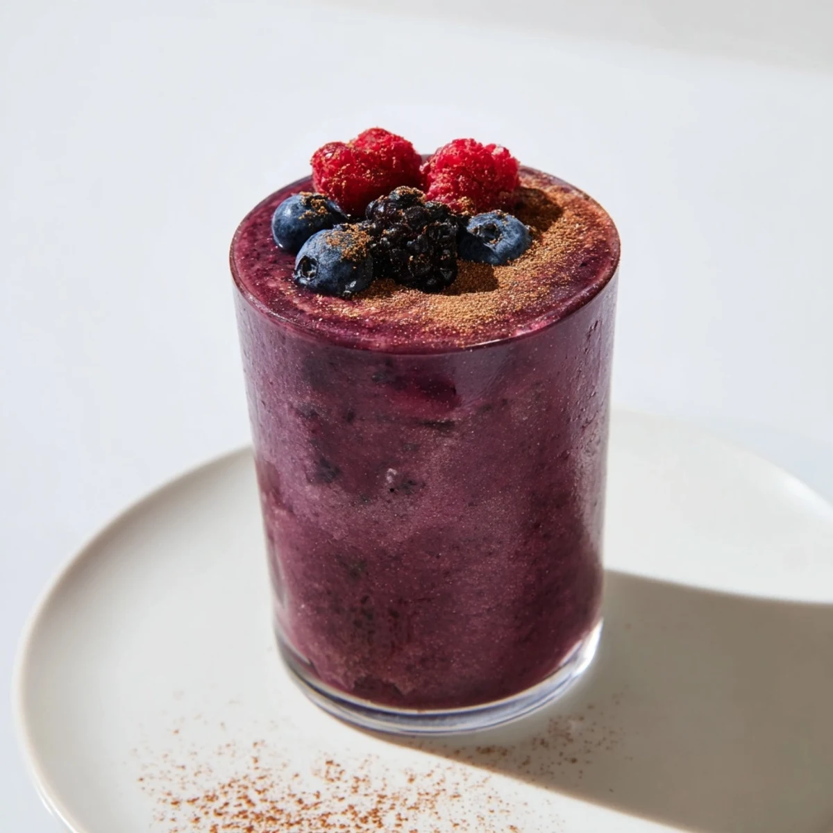 A brightly colored Winter Berry Smoothie in a glass, ready to drink, with hints of cinnamon and berries.