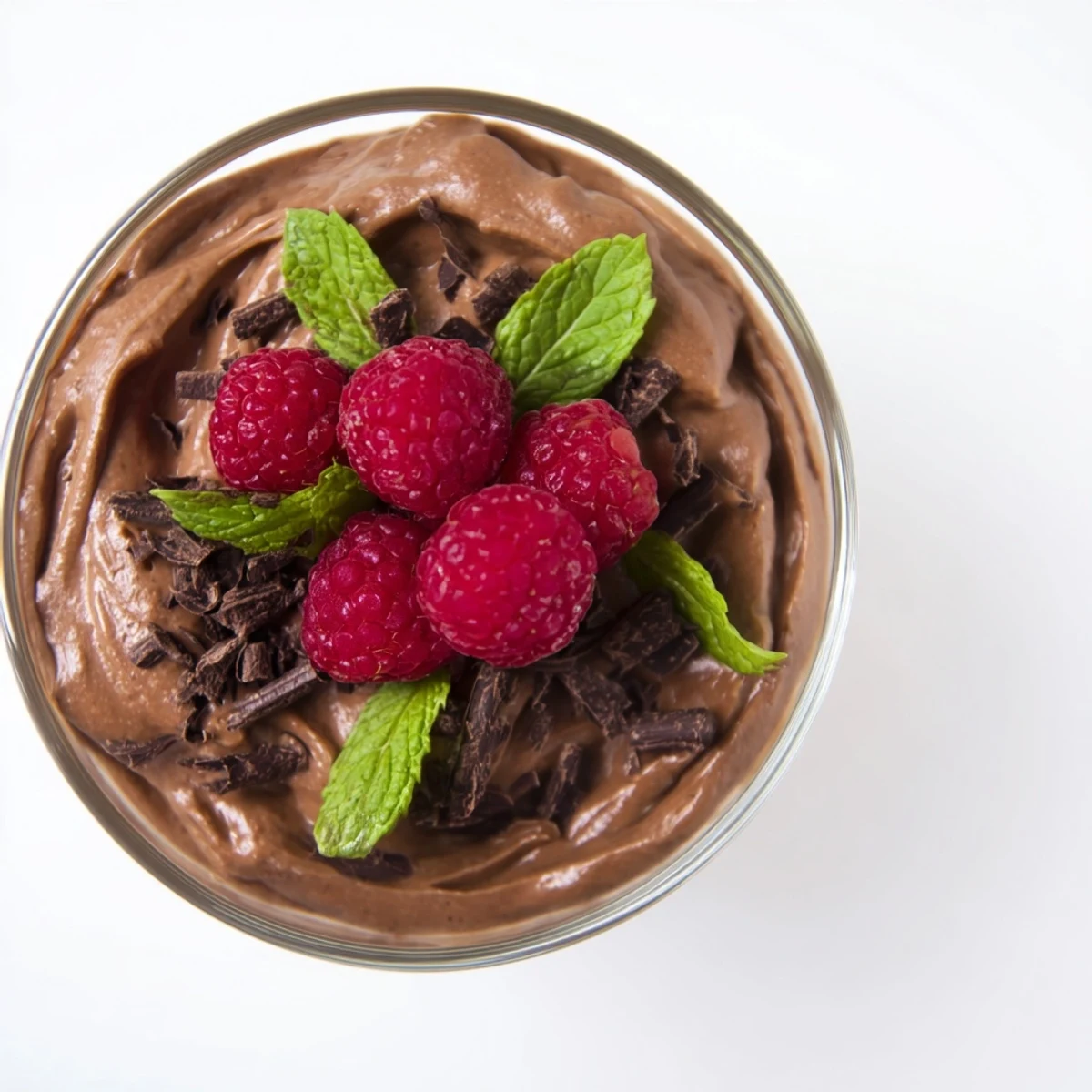 Creamy chocolate avocado mousse with a vibrant raspberry topping, a perfect dessert.