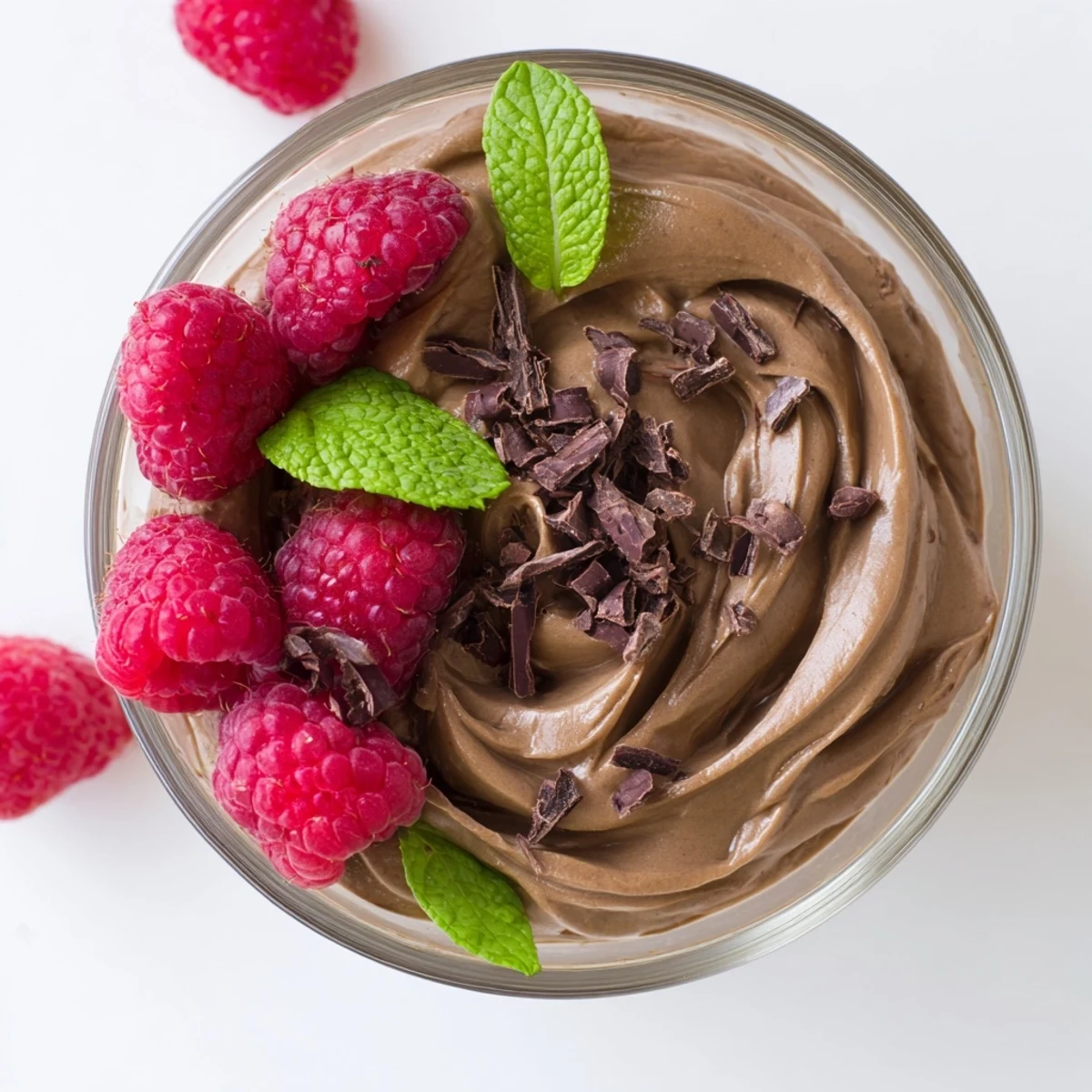 Velvety chocolate avocado mousse, naturally sweetened, is topped with fresh red raspberries.
