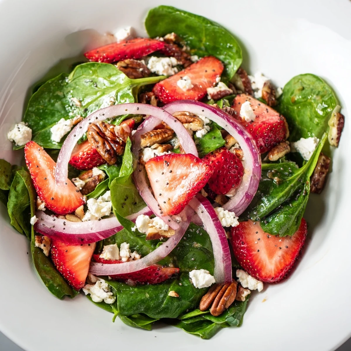 A stunning bowl of strawberry spinach salad with creamy feta and a zesty poppy seed dressing.