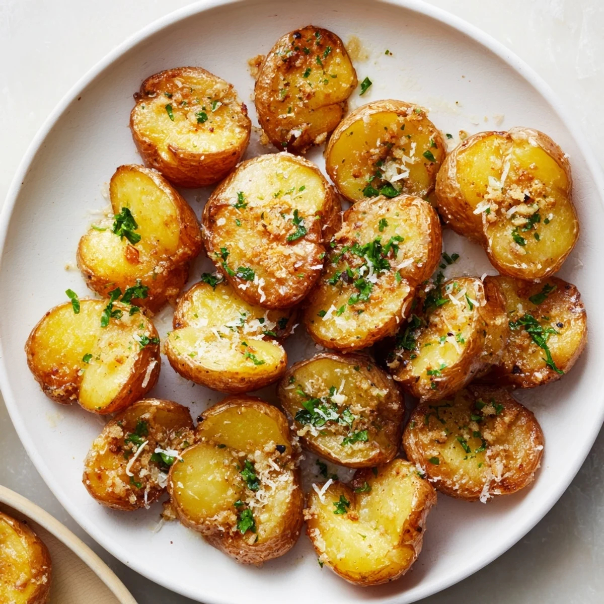 Fluffy, irresistible garlic parmesan smashed potatoes, a perfect American side dish ready to serve.