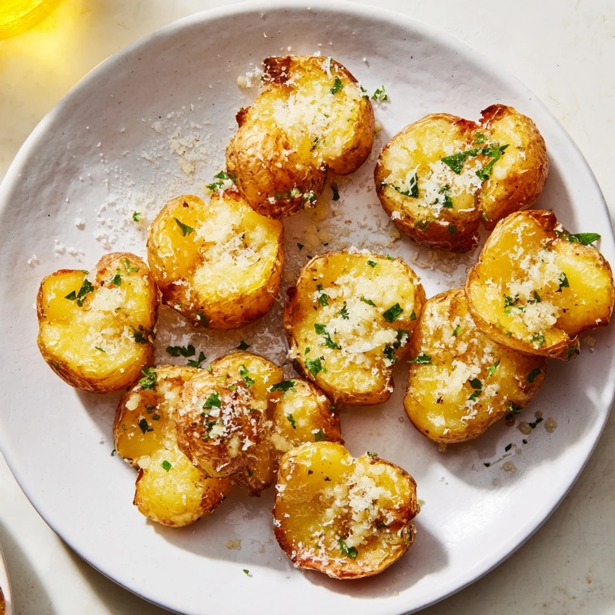 Golden-brown garlic parmesan smashed potatoes, crispy edges, garnished with fresh, green parsley.
