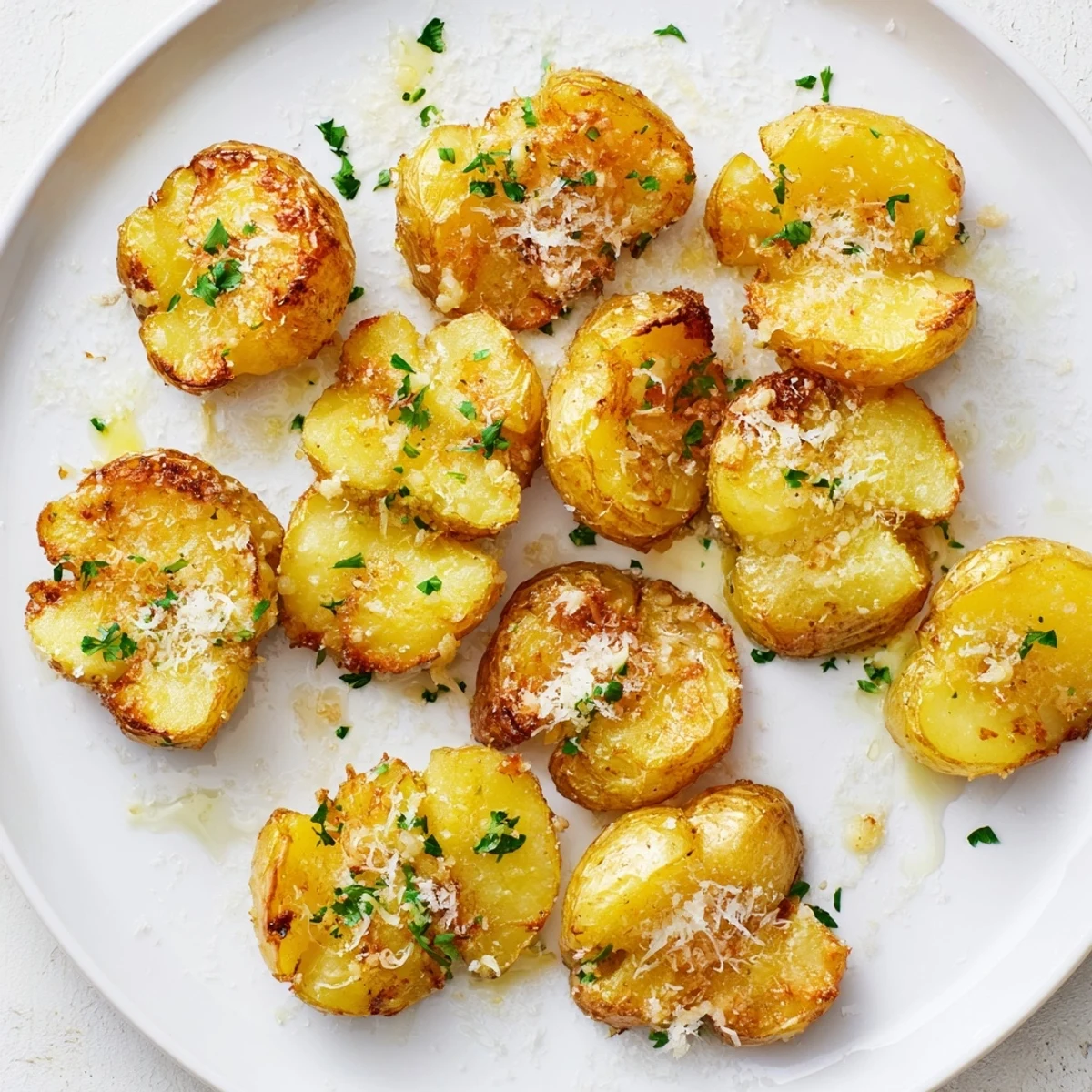 Tender, buttery garlic parmesan smashed potatoes, with melted parmesan and aromatic garlic fragrance.
