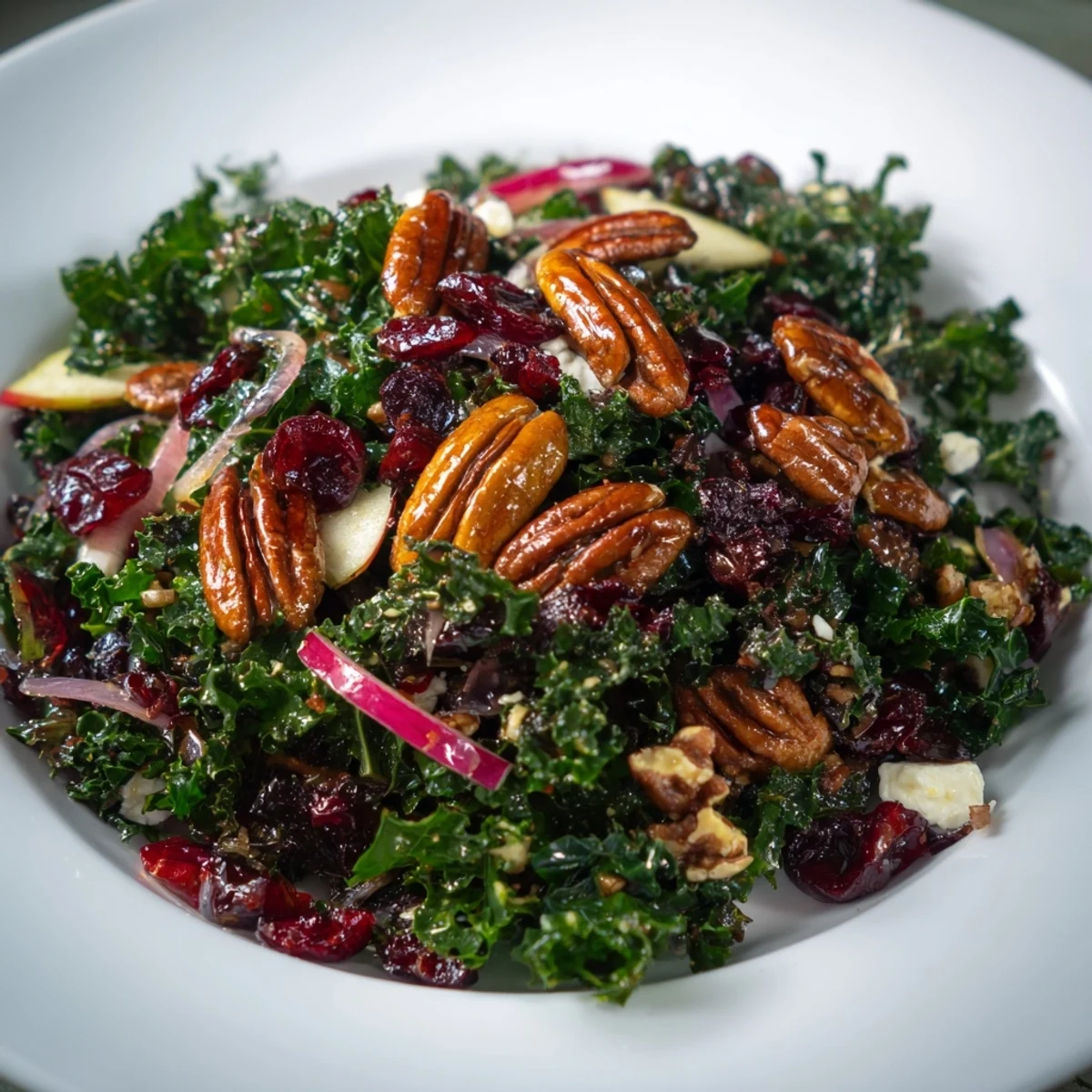 This delicious Winter Kale Salad, with its apple slices, awaits you, offering a healthy, flavorful bite.