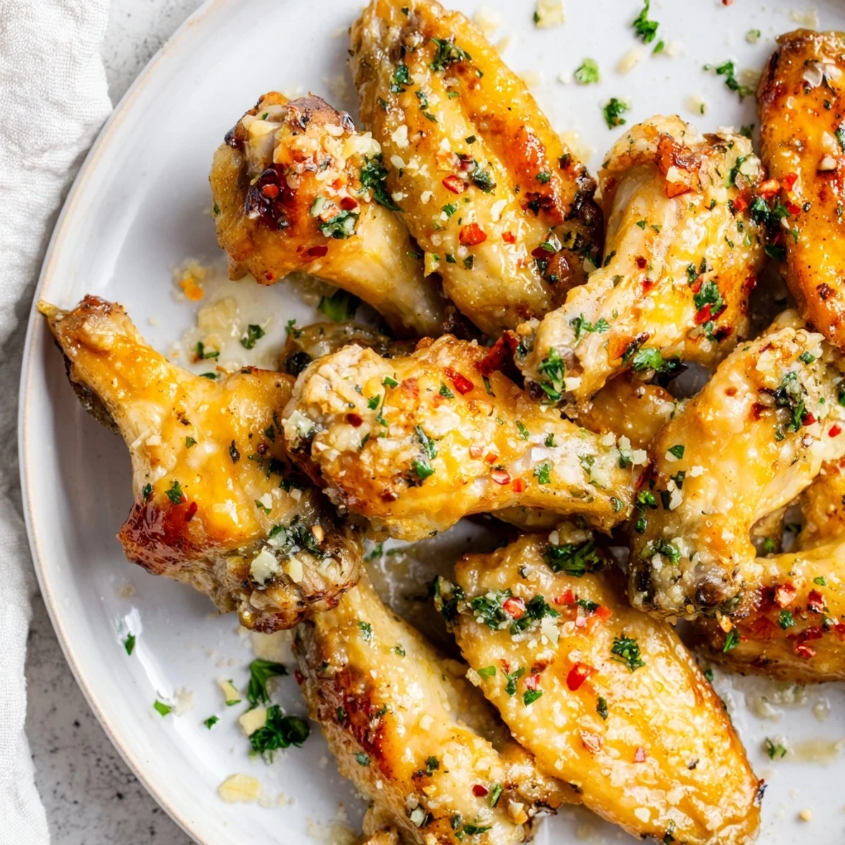 Crispy garlic parmesan chicken wings, cooked in an air fryer with a flavorful sauce, ideal for sharing.
