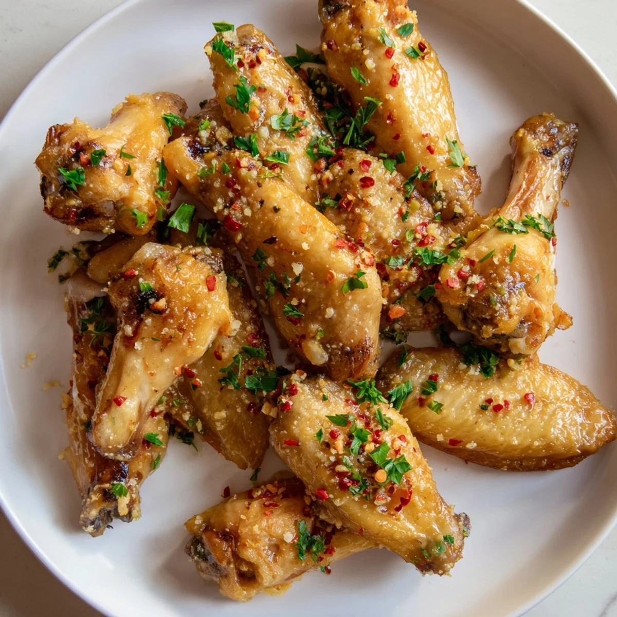 Golden-brown air fryer garlic parmesan chicken wings, perfect for a game day appetizer, are ready to serve.