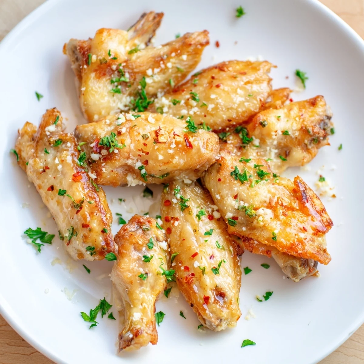 Image of succulent air fryer garlic Parmesan chicken wings with a cheesy, savory coating alongside parsley.