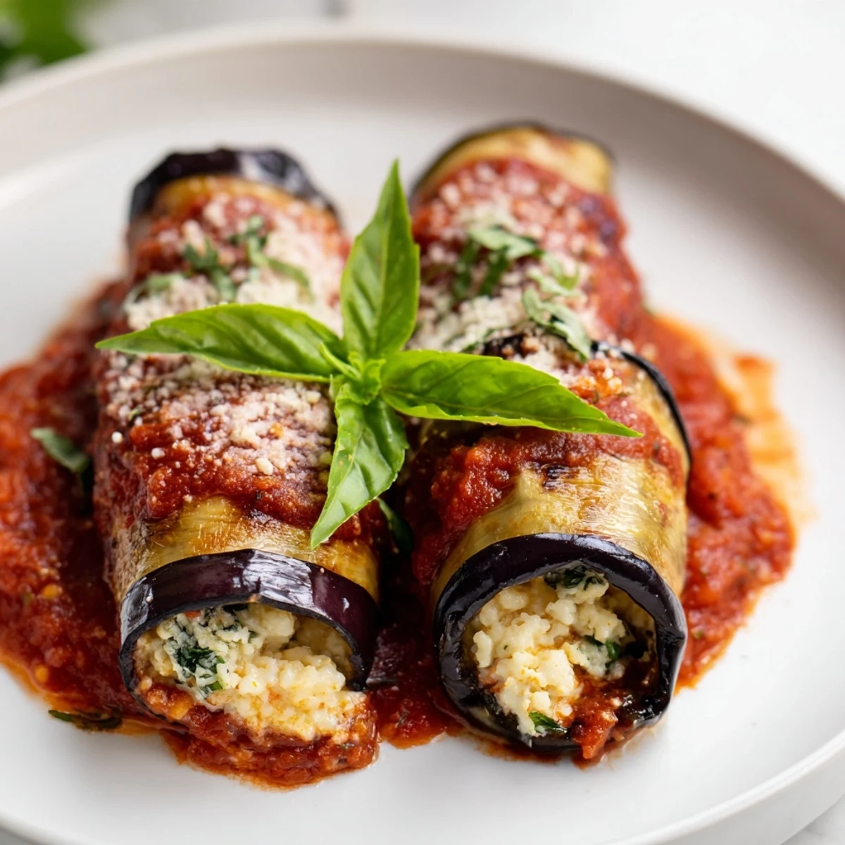 Golden-brown Baked Eggplant Rollatini with ricotta filling, ready to serve with fresh basil.