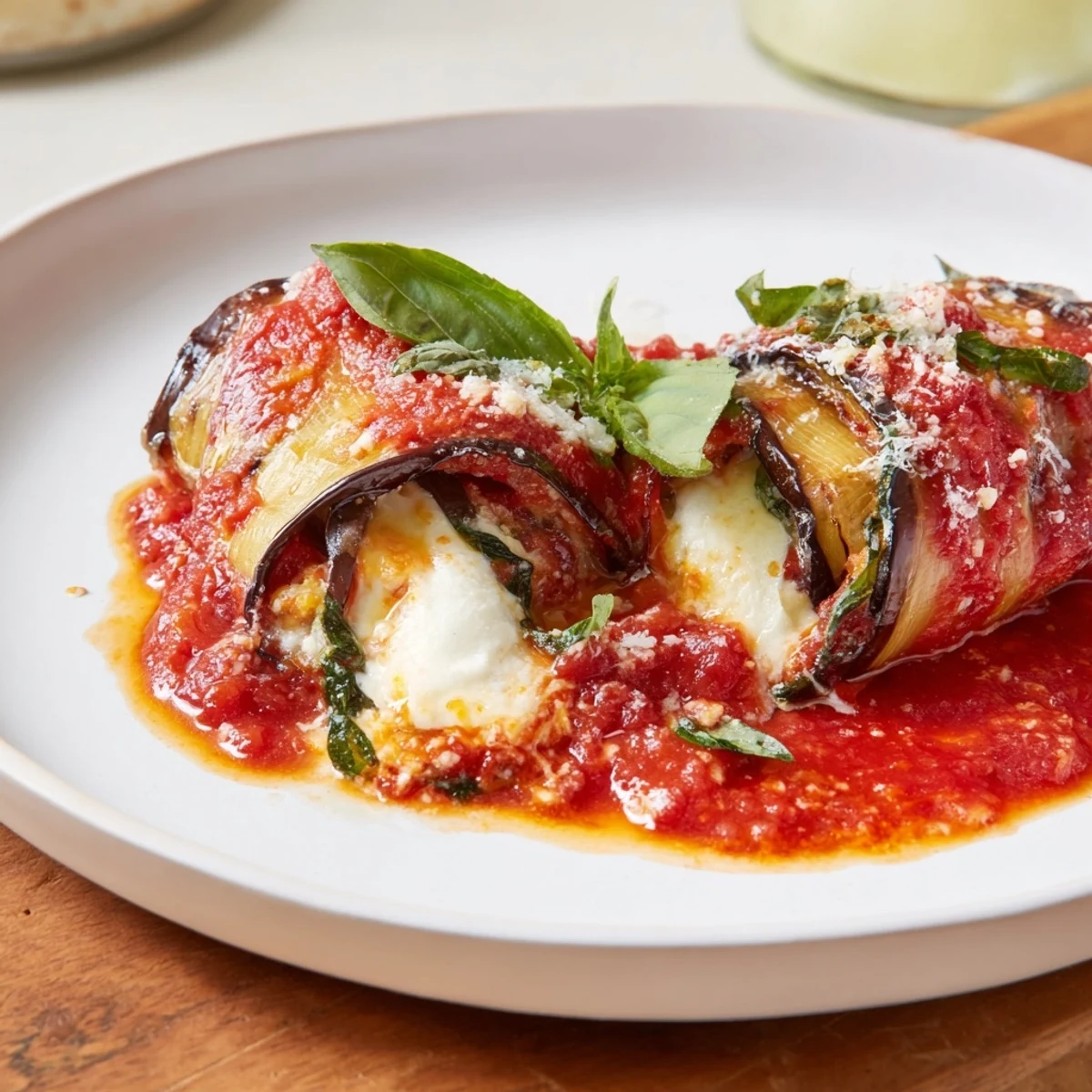 Cheesy, bubbly Baked Eggplant Rollatini in a baking dish, a delicious Italian vegetarian meal.