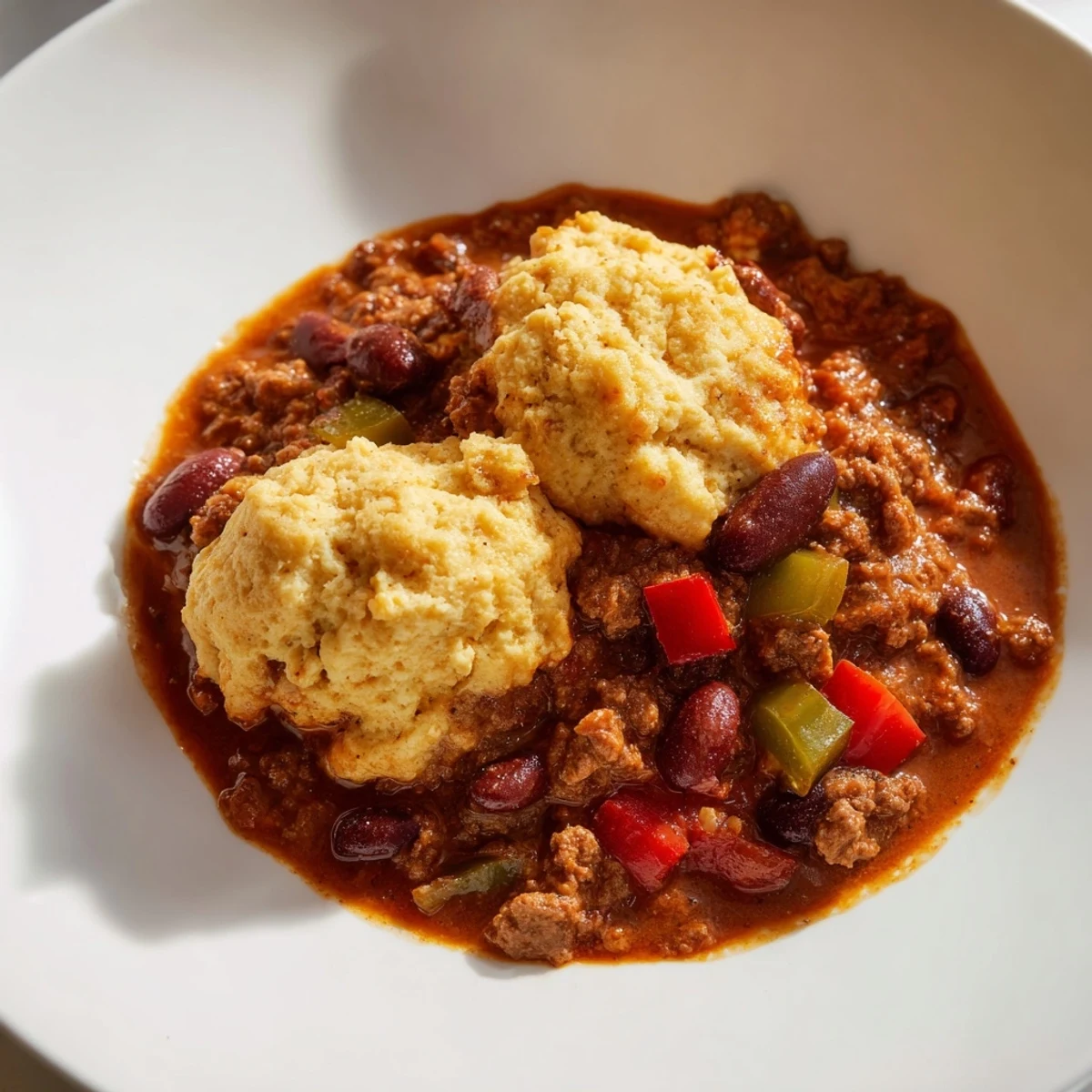 Close-up of bubbling Beef Chili with Cornbread Dumplings, showcasing fluffy, golden-brown tops.