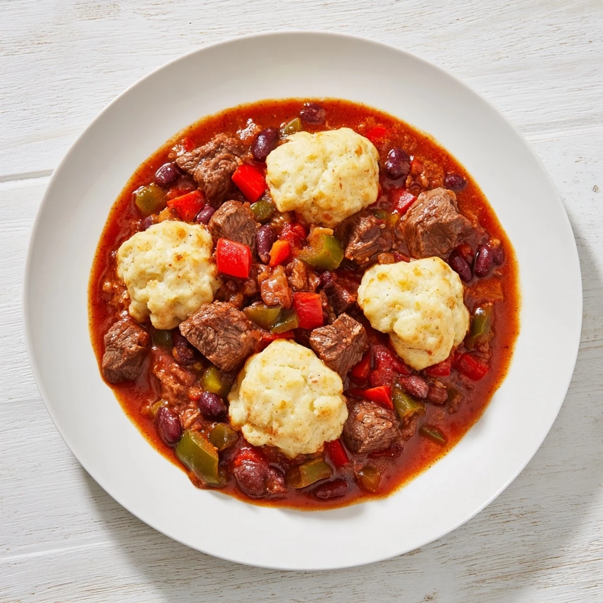 A steaming bowl of Beef Chili with Cornbread Dumplings ready for a hearty, flavorful meal.
