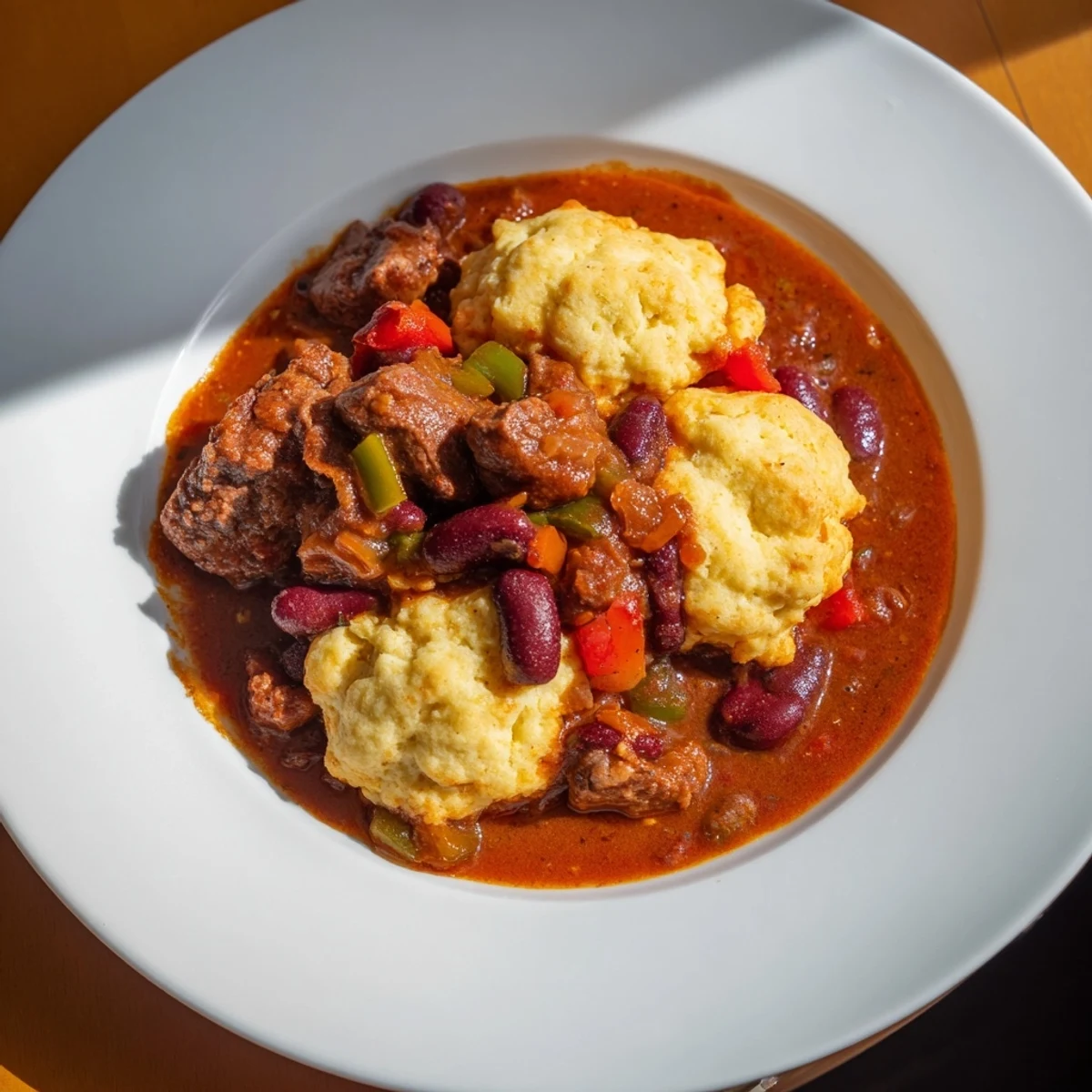 This comforting Beef Chili with Cornbread Dumplings offers a savory aroma and delicious texture with every bite.