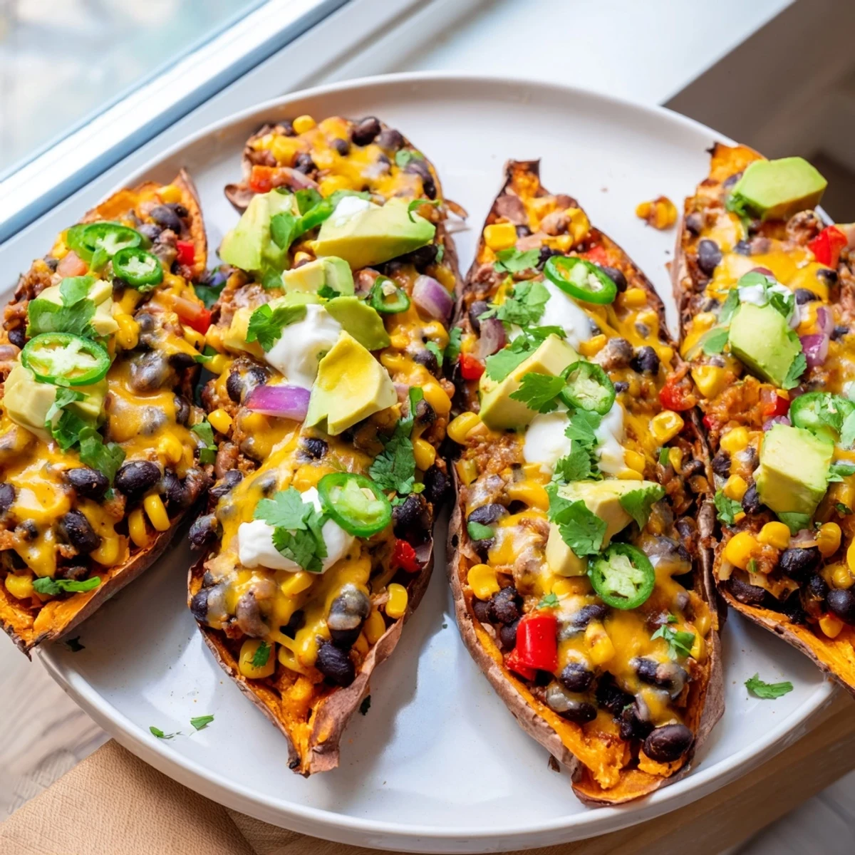 Golden, crispy Loaded Sweet Potato Skins overflowing with black beans, cheese, and fresh cilantro.