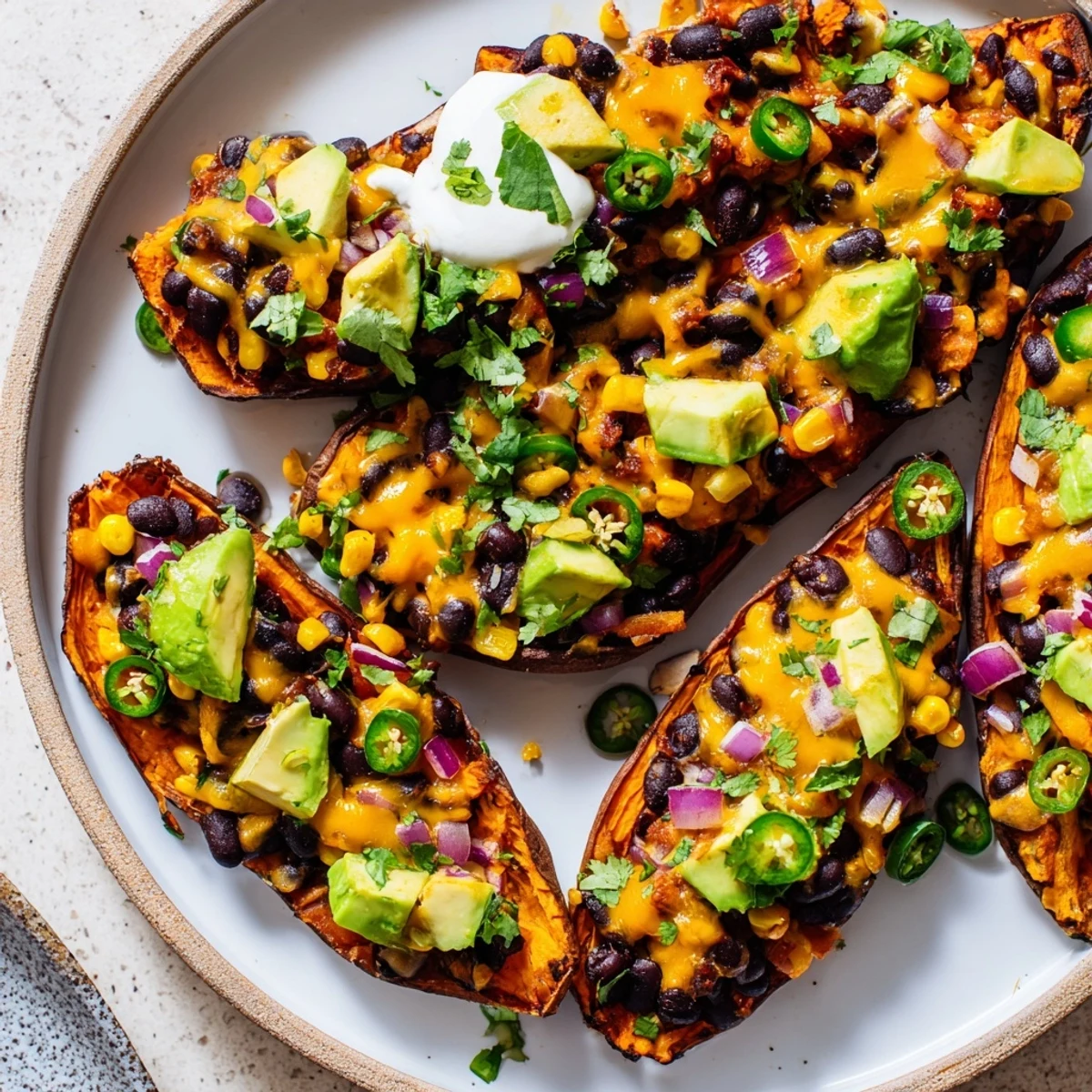 A close-up of delicious Loaded Sweet Potato Skins: oven-baked sweet potatoes filled with tasty black beans.