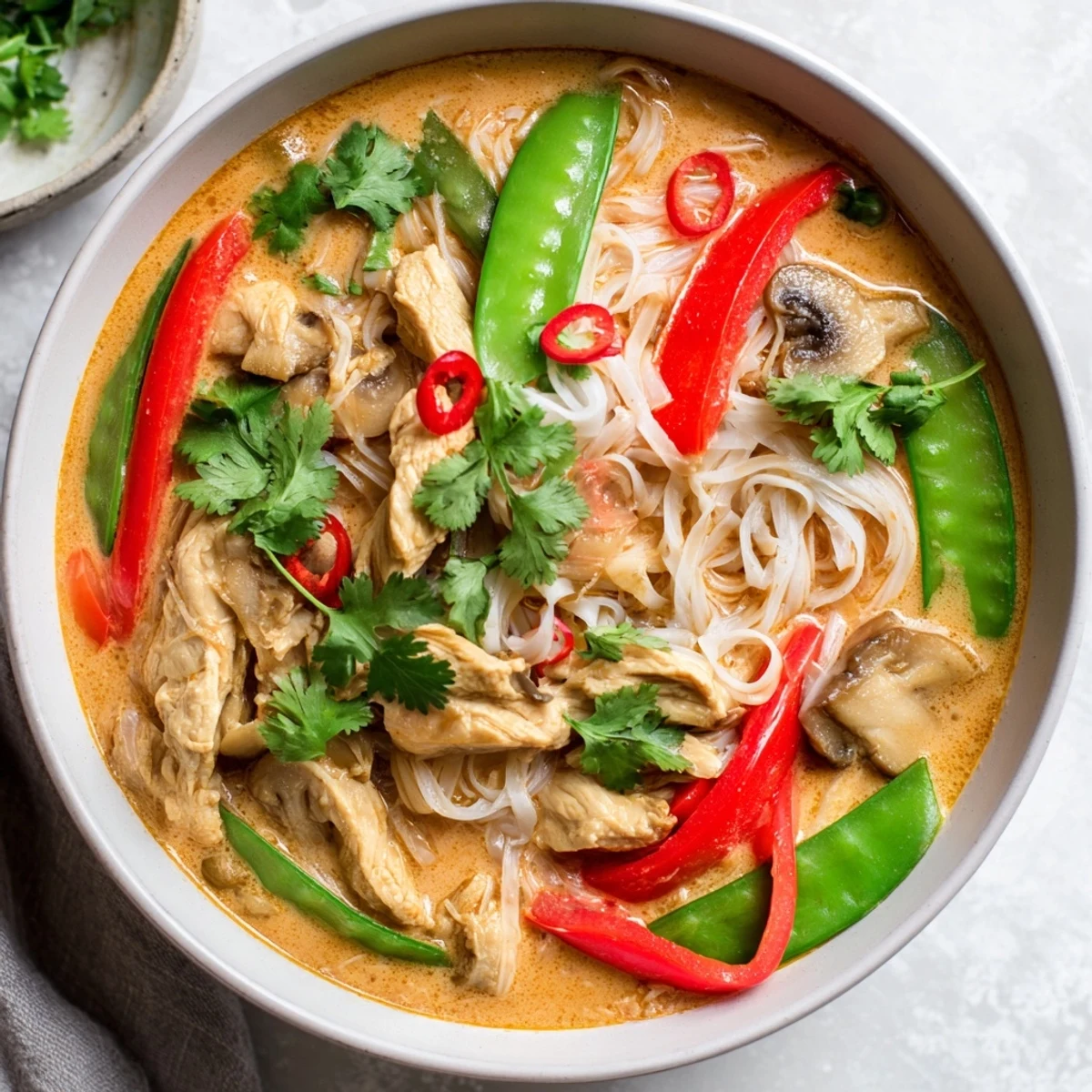 Aromatic, creamy Thai Red Curry Noodle Soup with chicken showcasing tender chicken and vibrant vegetables, ready to serve.