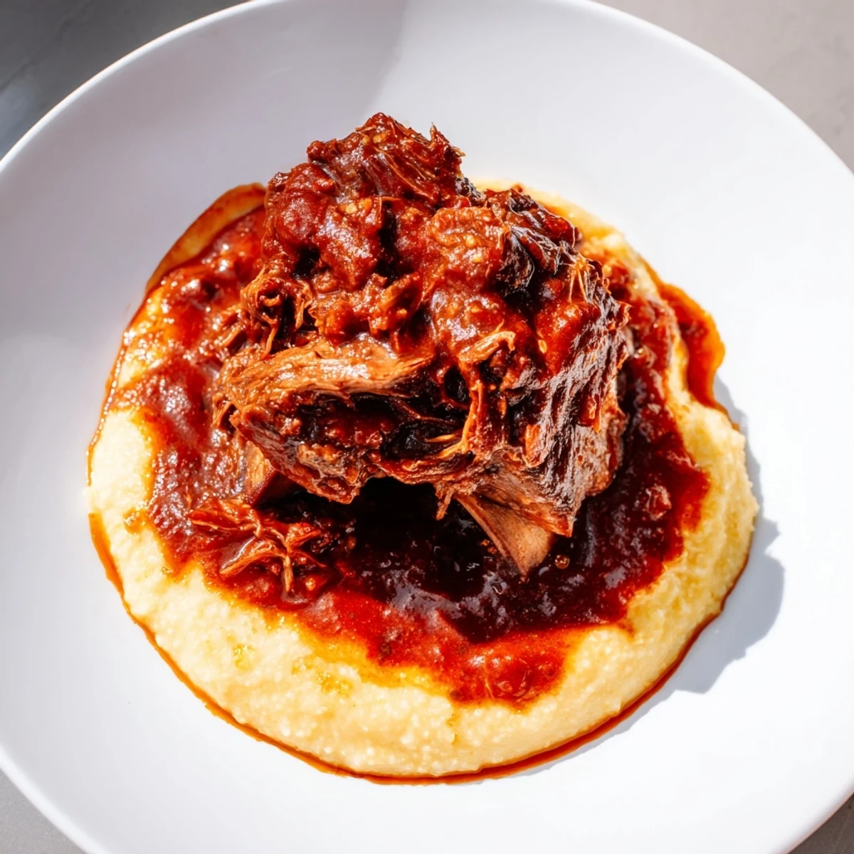 Creamy polenta with braised beef short ribs: tender meat falling off the bone, served atop a warm, fluffy bed.
