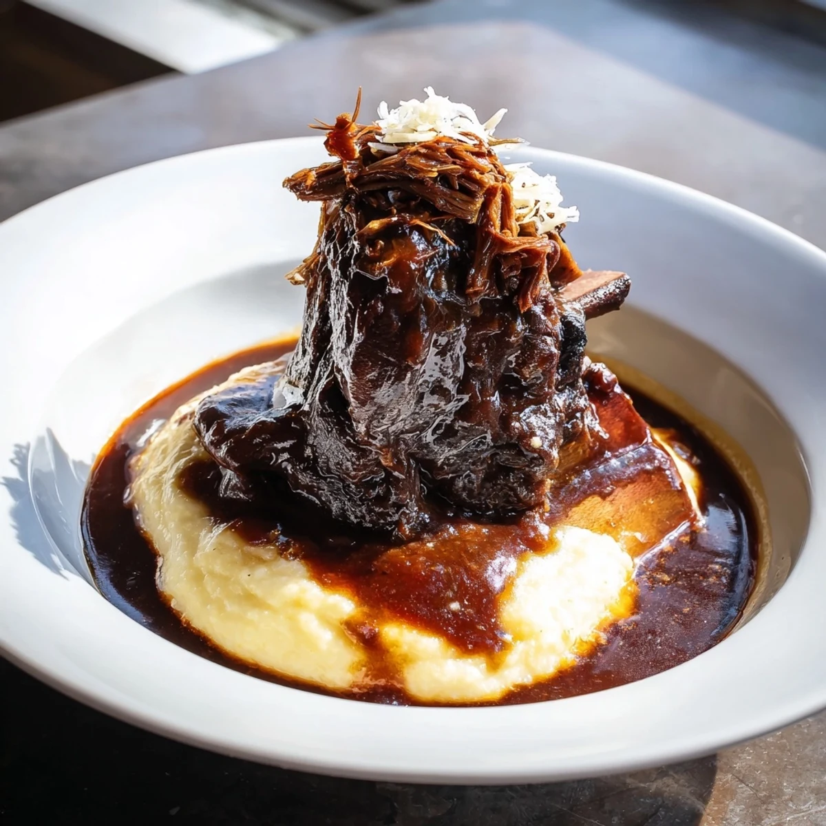 A hearty bowl of creamy polenta with braised beef short ribs, a rich and savory Italian classic.