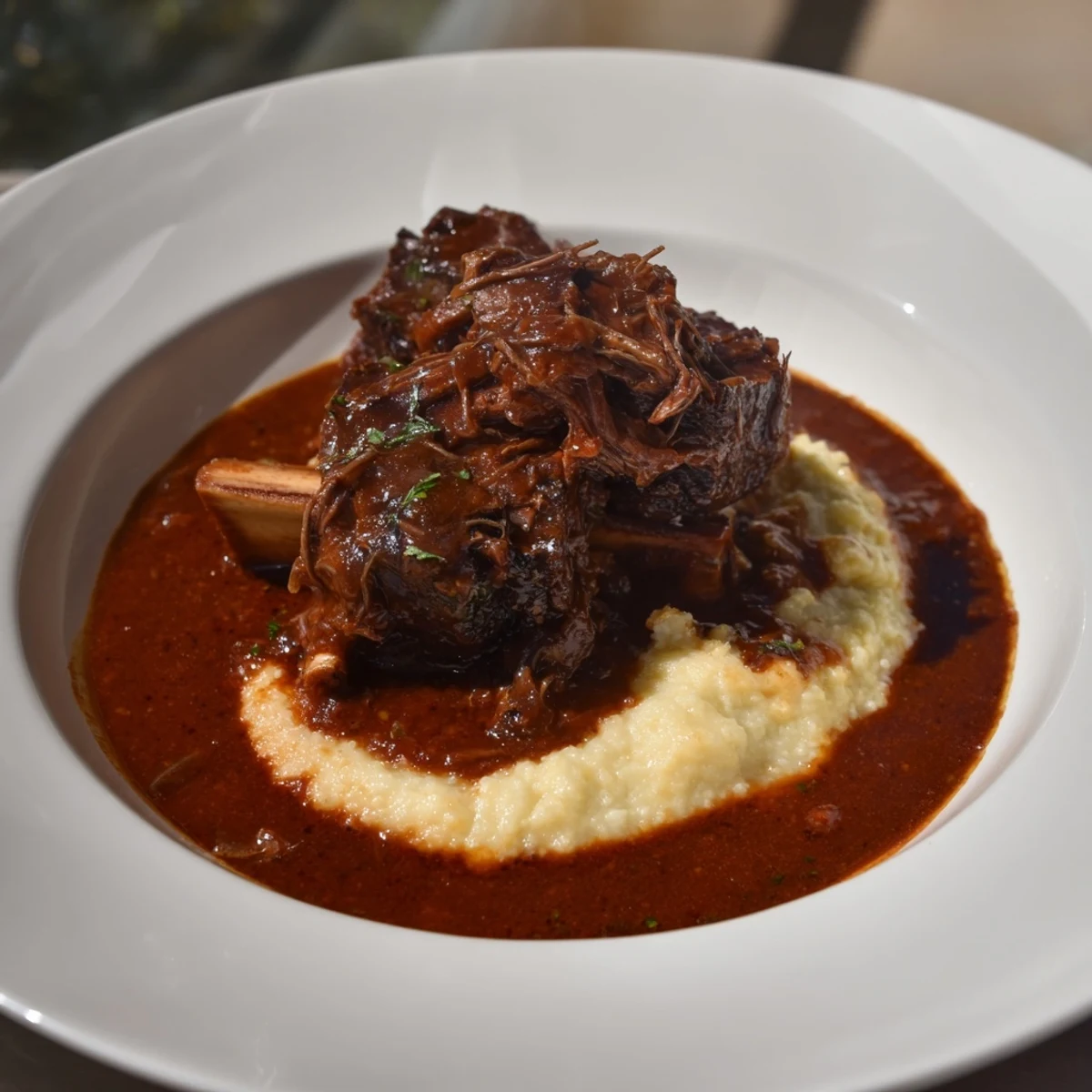 Close-up of braised beef short ribs swimming in sauce, ready to be served over creamy polenta.