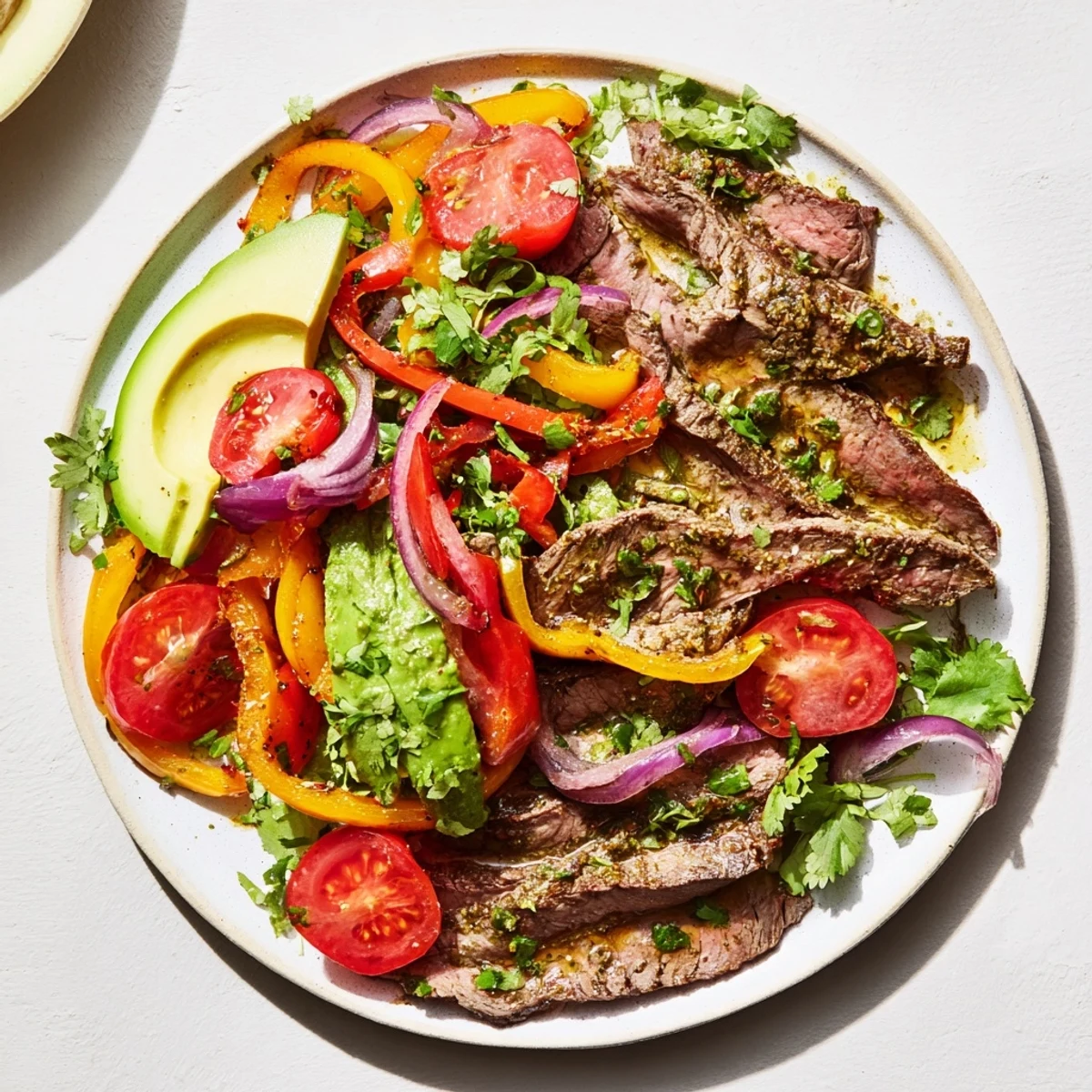 Sizzling beef fajita salad with lime dressing, featuring tender steak, colorful peppers, and fresh cilantro.