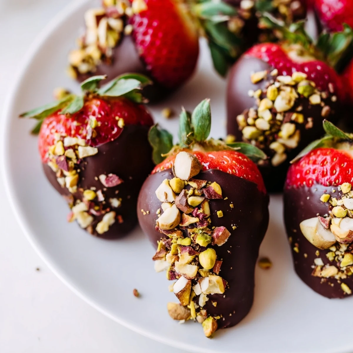 Freshly made chocolate dipped strawberries with nuts gleam with a glossy, sweet finish.