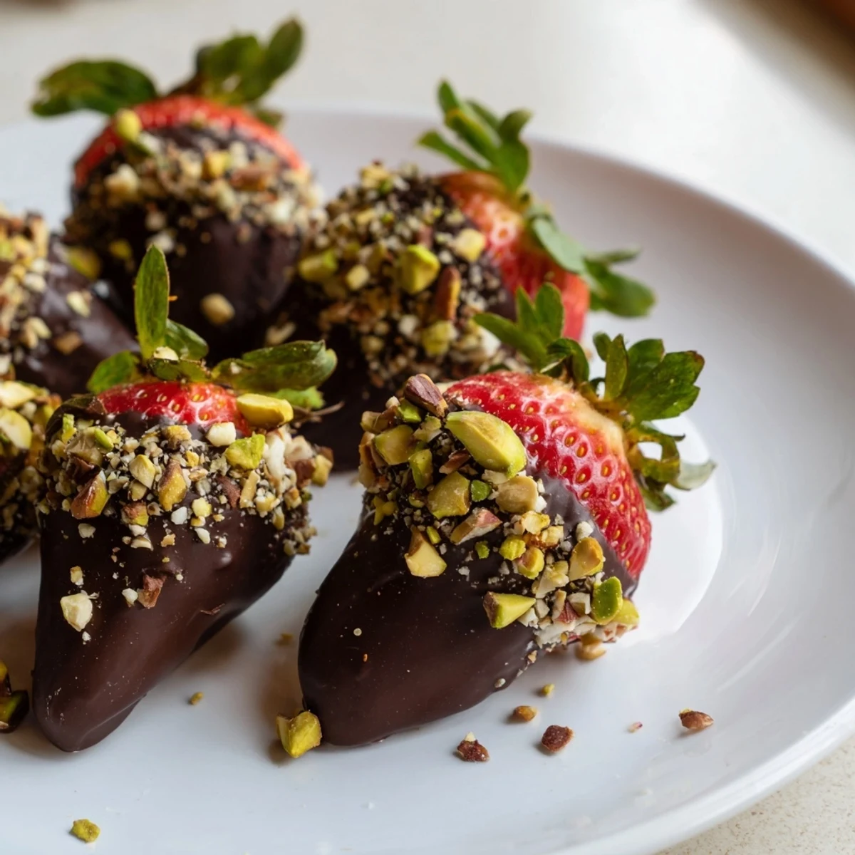 Imagine a close-up of dark chocolate dipped strawberries with nuts, ready to enjoy.