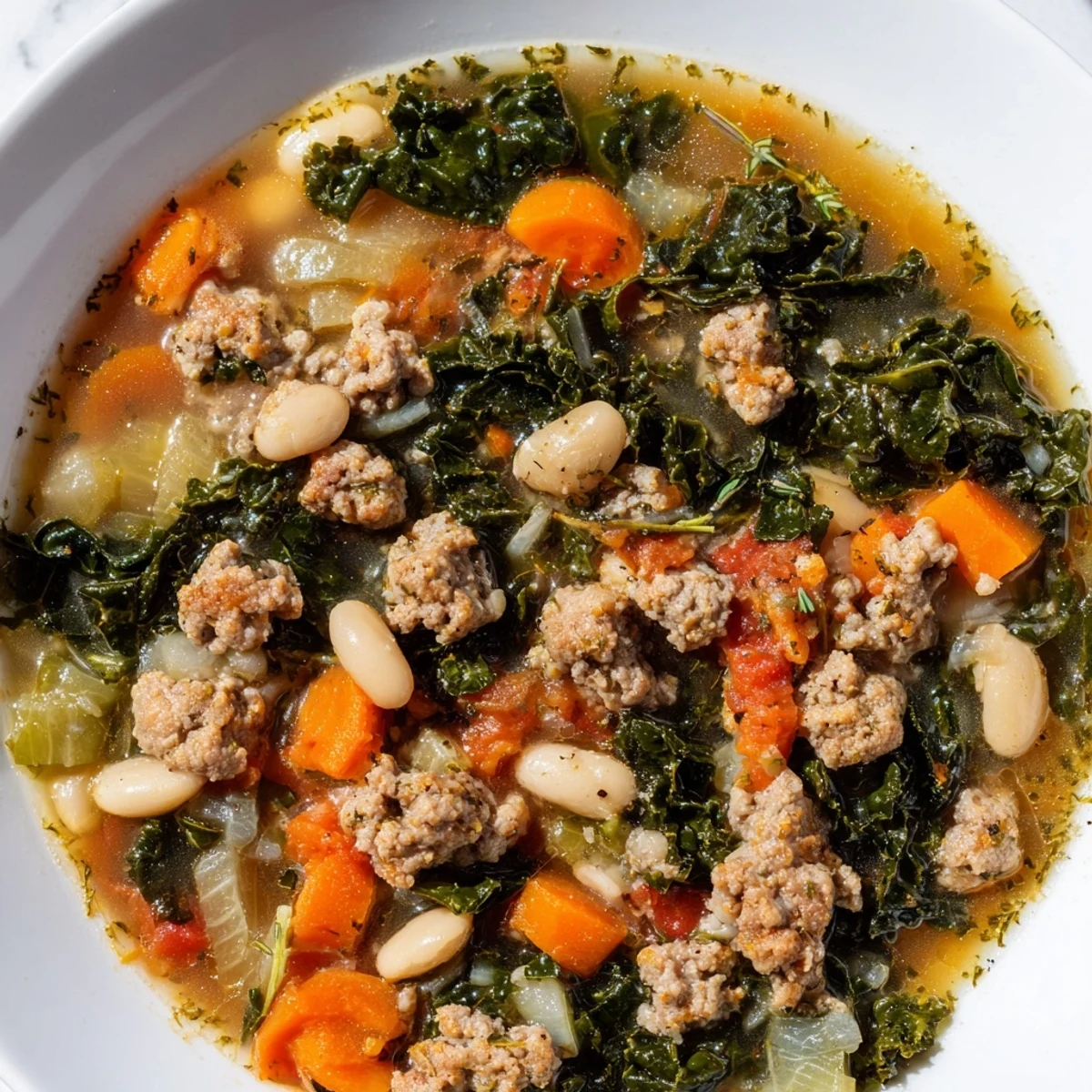 A steaming bowl of turkey sausage and kale soup, a hearty and flavorful American classic.