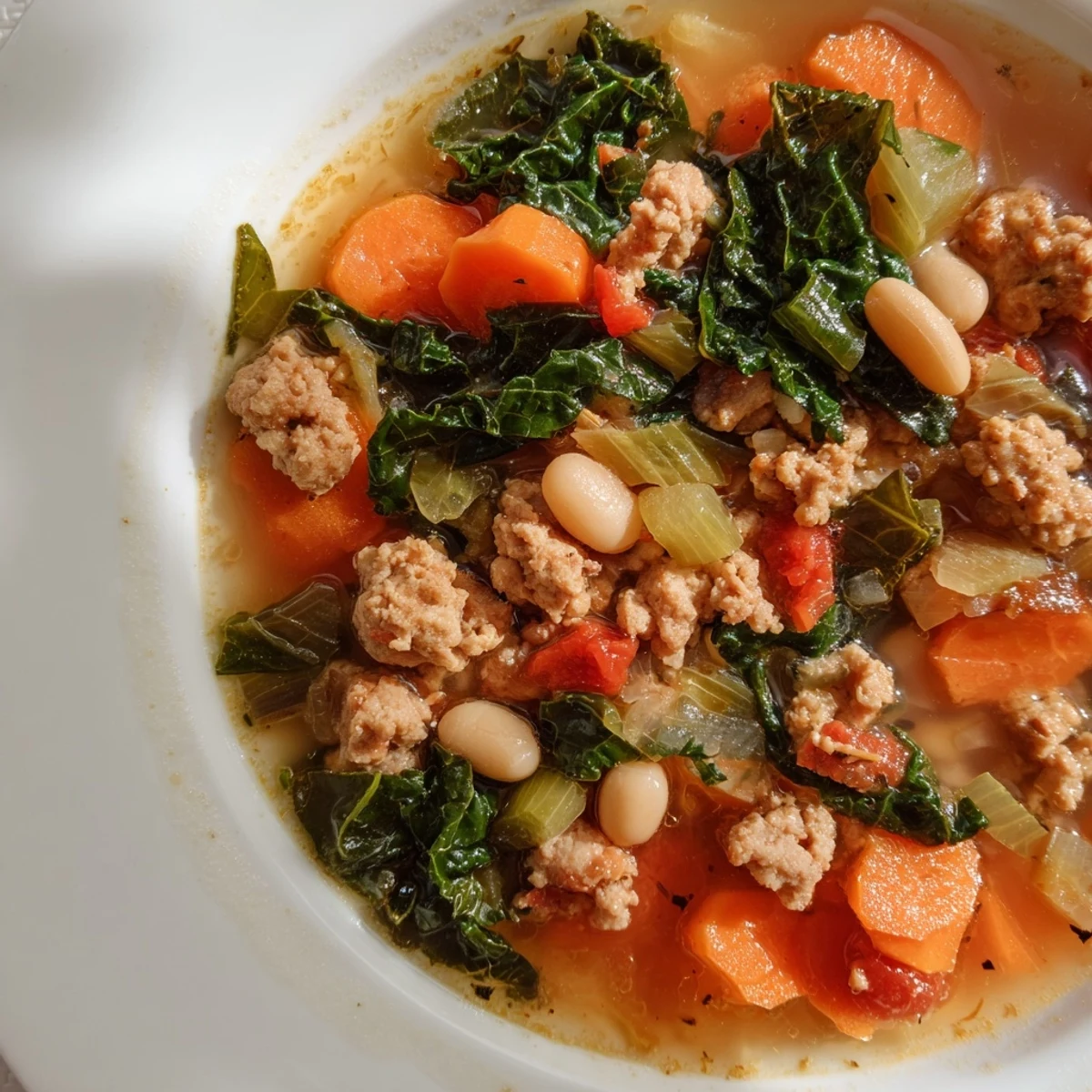 Fragrant turkey sausage and kale soup, simmering with carrots, onions, and spicy red pepper flakes.