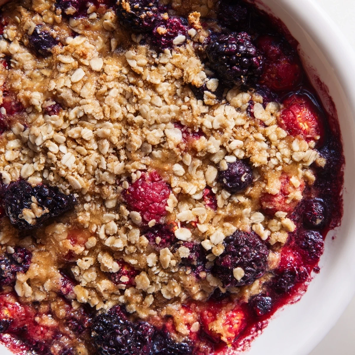 Warm, bubbling winter berry crumble with golden oat topping, perfect with vanilla ice cream.