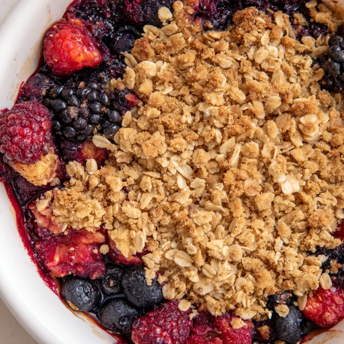 A close-up of a freshly baked winter berry crumble, showing juicy berries and a crusty oat crumble.