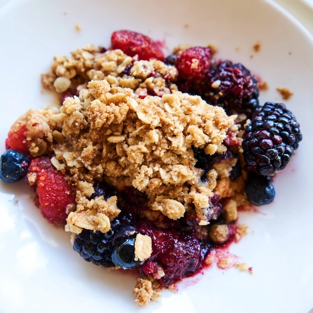 Enjoy a steaming bowl of winter berry crumble, its sweet berry aroma and buttery oat topping appealing.
