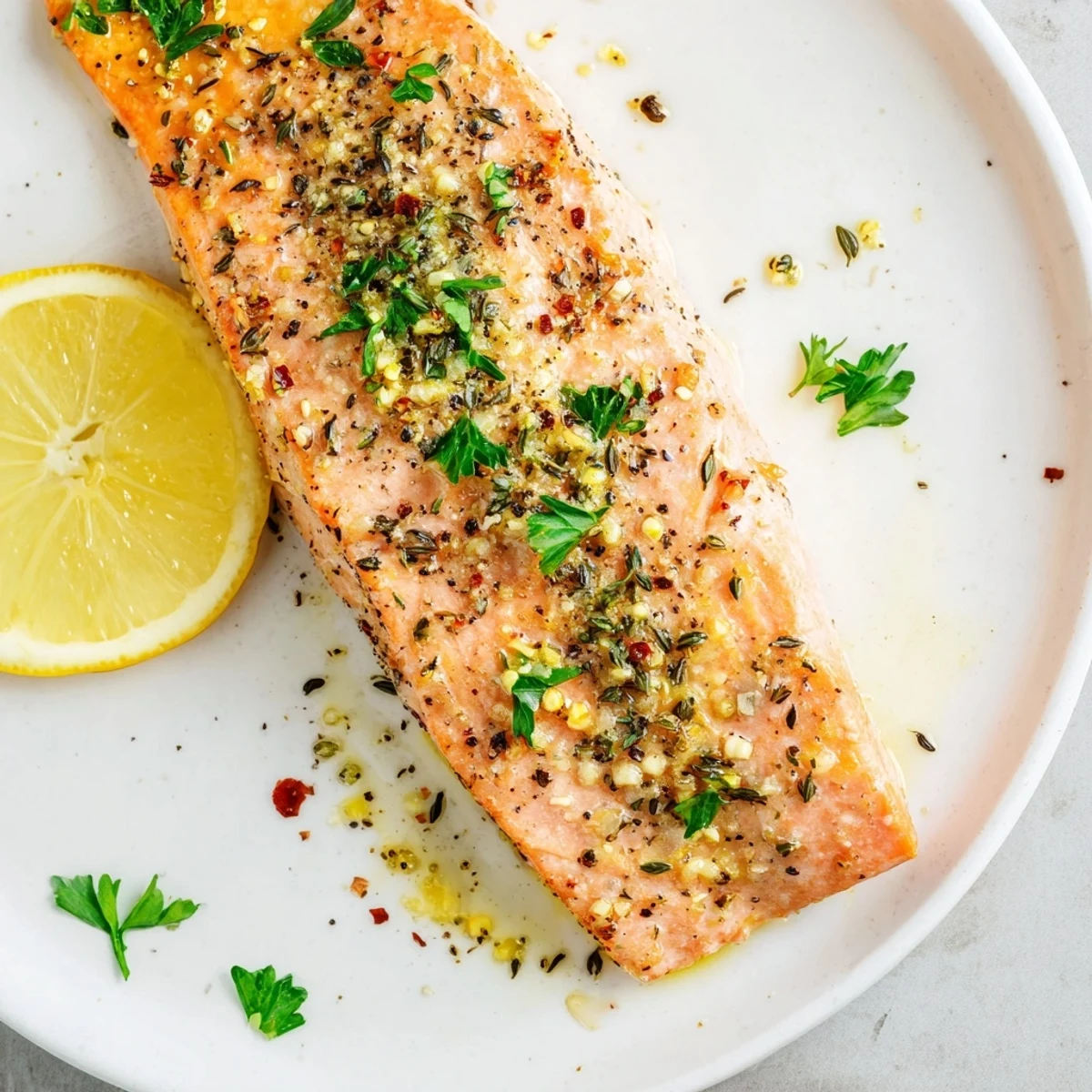 Flaky Baked Salmon with Lemon Pepper, glistening, garnished with lemon wedges, ready to enjoy.