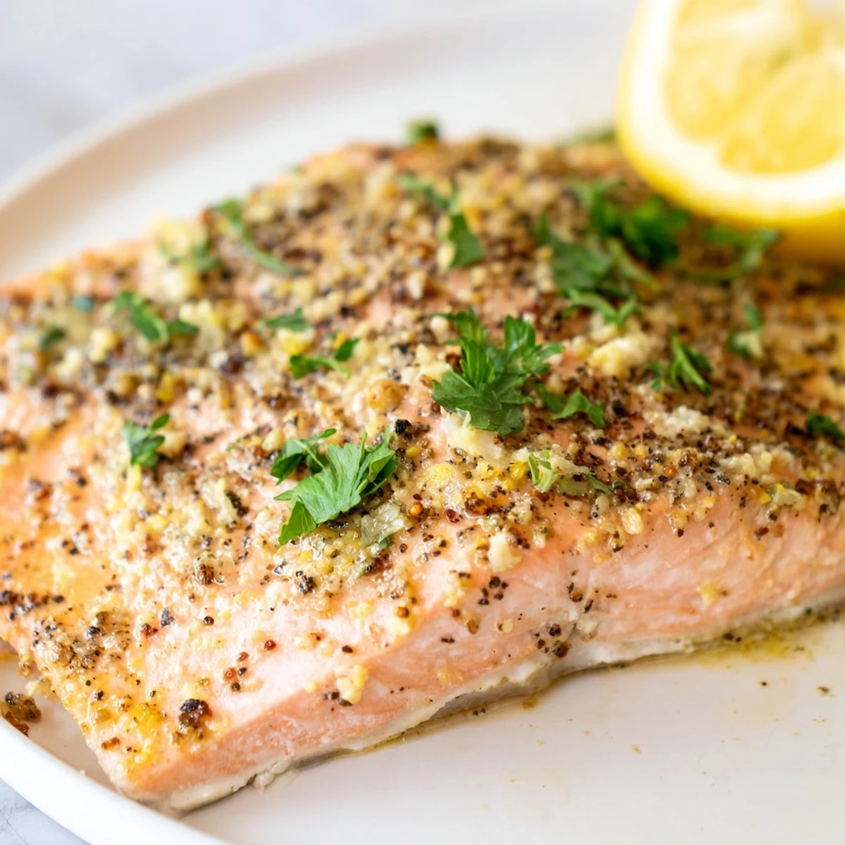 Golden-brown Baked Salmon with Lemon Pepper, perfectly cooked, a healthy and flavorful meal option.