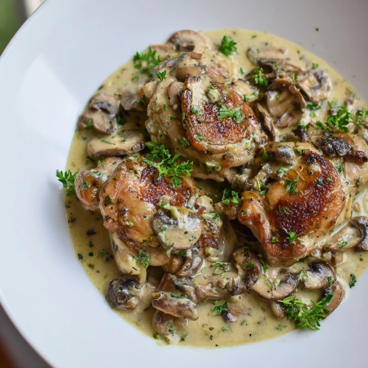 Golden, seared Creamy Garlic Mushroom Chicken Thighs, swimming in a rich, creamy, herb-flecked sauce.