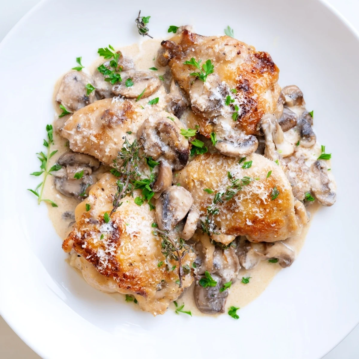 This photo shows incredibly flavorful Creamy Garlic Mushroom Chicken Thighs ready to be served over rice.