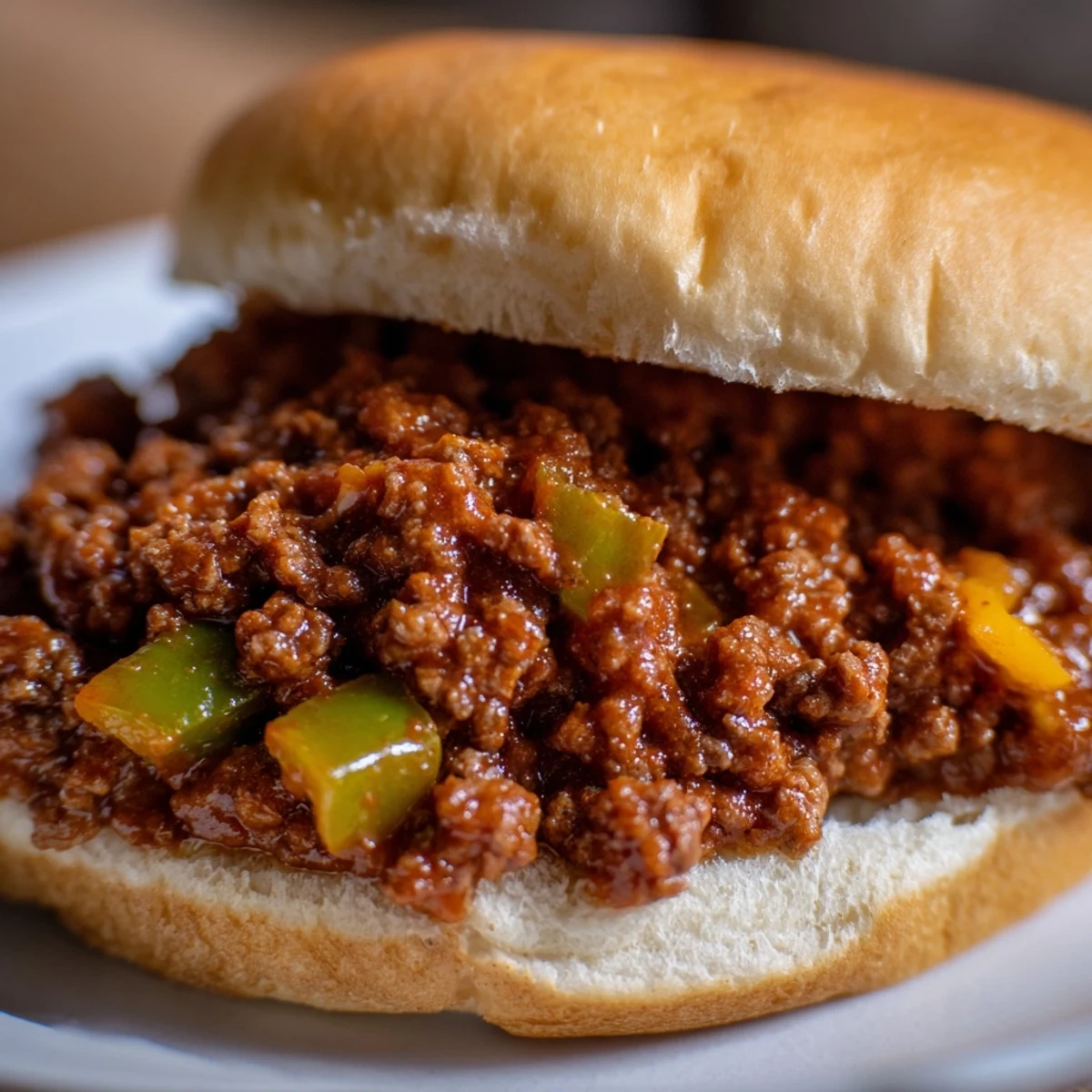 A close-up of juicy Beef Sloppy Joes spilling over soft toasted buns, ready to eat.