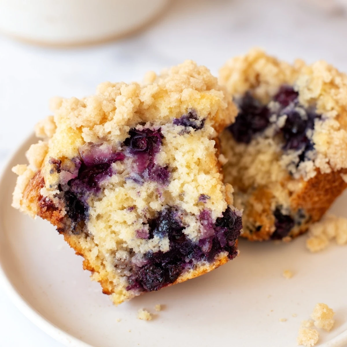 These golden Lemon Blueberry Muffins with Streusel have a crunchy topping, perfect for an afternoon treat.