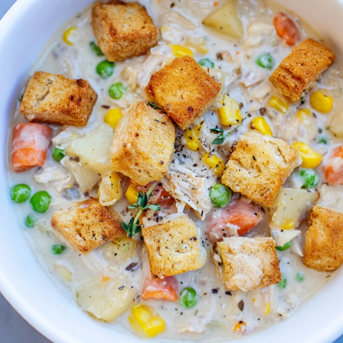 Creamy Chicken Pot Pie Soup with golden biscuit croutons served in a rustic white bowl, garnished with fresh thyme and parsley.
