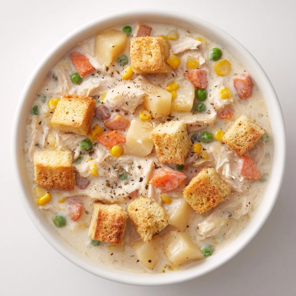 Steaming bowl of homemade Chicken Pot Pie Soup with peas and carrots, accompanied by crunchy baked biscuit pieces on top.