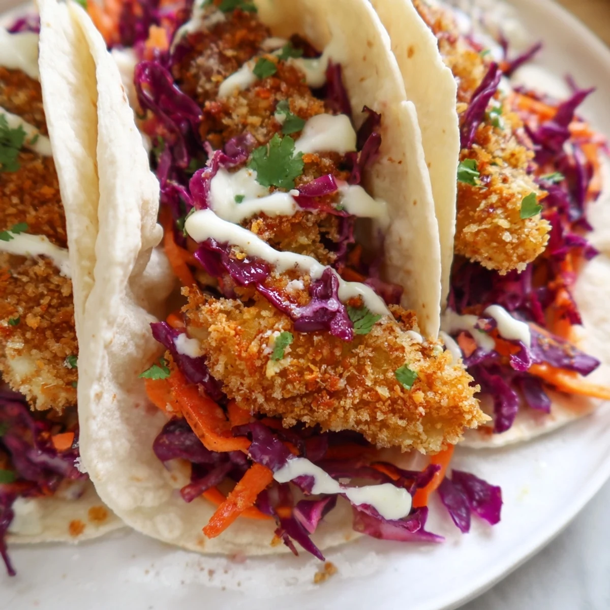 Crispy Fish Tacos with Red Cabbage Slaw garnished with fresh cilantro and lime wedges on a plate.