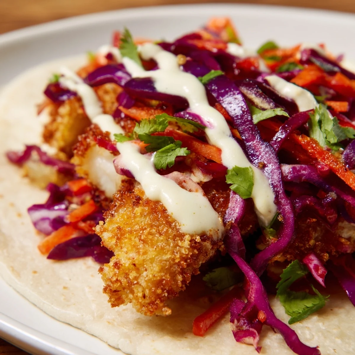 Crispy Fish Tacos with Red Cabbage Slaw served warm in soft corn tortillas.