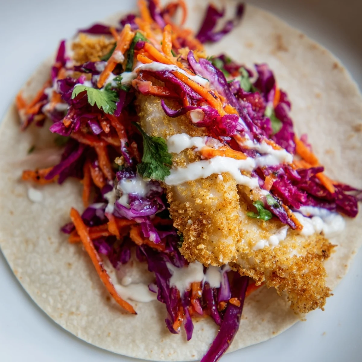 A close-up of golden Crispy Fish Tacos with Red Cabbage Slaw and drizzled crema.