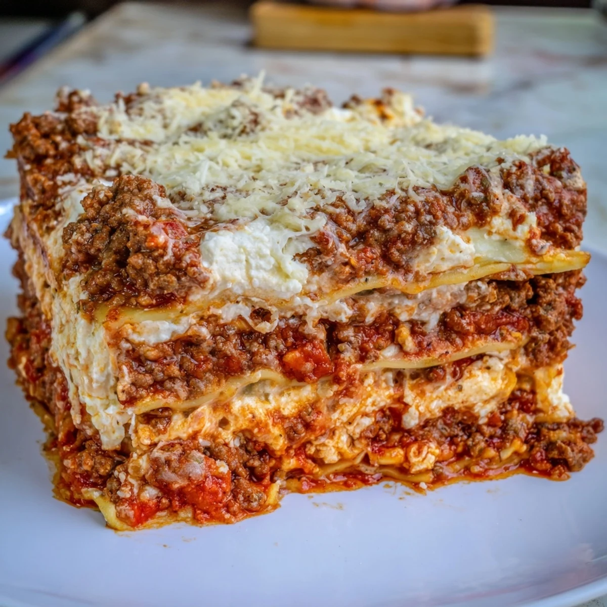 Golden, bubbling layers of Classic Beef Lasagna with homemade meat sauce and creamy béchamel, fresh from the oven.